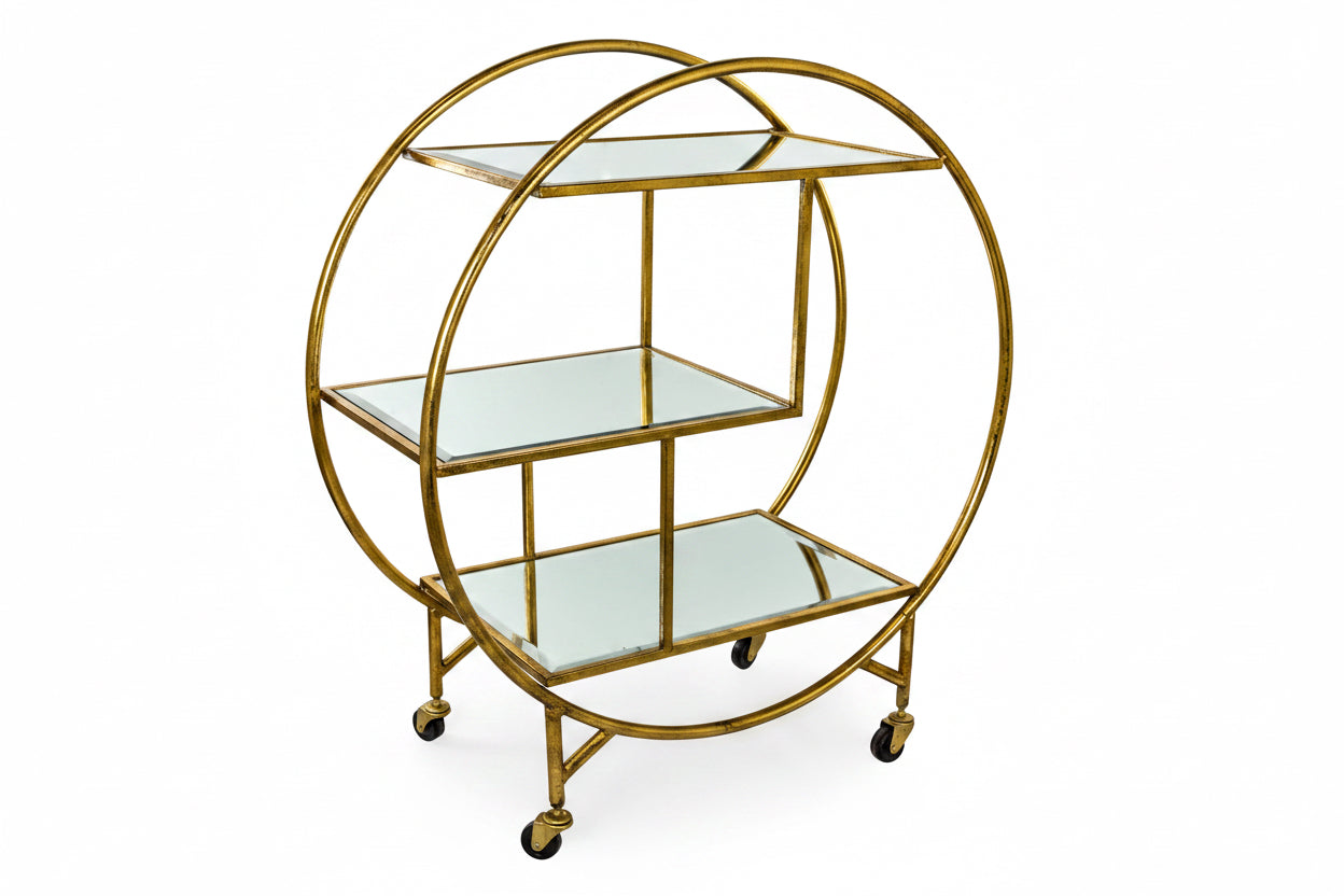 Antiqued Gold/Bronze Metal Bar Trolley With Mirror Shelves